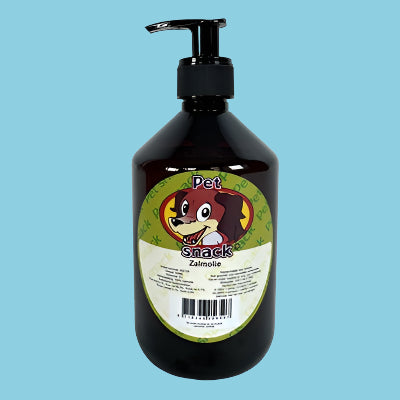 Bruine fles petsnack-zalmolie met zwarte pompdispenser en label.