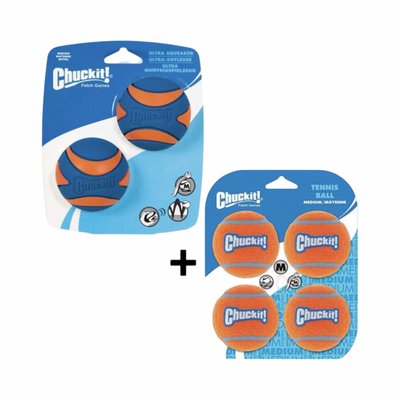 Combideal Chuckit! - Ultra Squeaker Bal - Hondenspeelgoed - Hondenbal - Medium - Ø6 cm - 2 Stuks + 4 Tennisballen