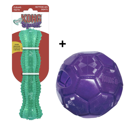 Combideal - Kong Flexball Paars (15.5CM) + Kong Squeezz Dental Stick Mintgroen (20.5 CM)