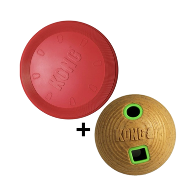 Combideal Kong Bamboo Feeder Bal Voerbal (12 CM) + Kong Flyer Frisbee Rood (23 CM)