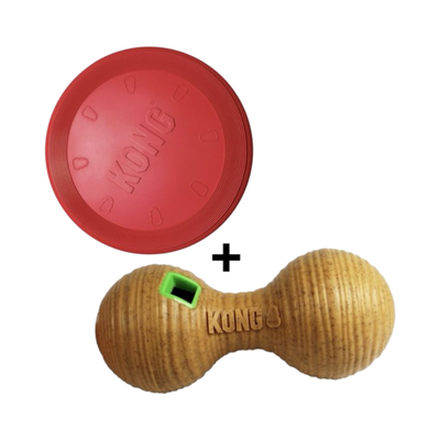 Combideal - Kong Flyer Frisbee Rood (23 CM) Kong Bamboo Feeder Dumbbel Voerbal (21.5 CM)