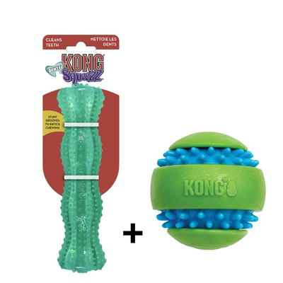 Combideal - Kong Squeezz Goomz Bal (6.5 CM) + Kong Squeezz Dental Stick Mintgroen (20.5 CM)