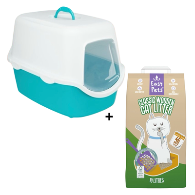 Combideal - Trixie Kattenbak Vico Turquoise / Wit + Easypets Classic Houtkorrels