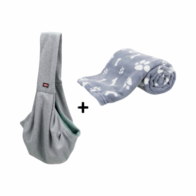 Combideal - Trixie Junior Hondentas - Buikdrager Lichtgrijs / Mintgroen - 60x22x20 cm + Trixie hondendeken - Pootjes blauw - 75X50 CM