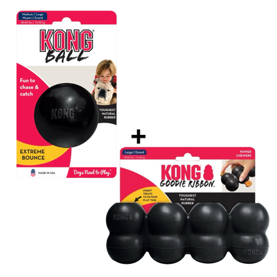 Combideal Kong extreme goodie ribbon zwart 21,5x8,5x5,5 cm + Kong Extreme Bal - Honden Speelgoed - Zwart - M/L - Ø 7.5 cm