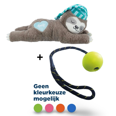 Combideal Trixie Honden Speelgoed - Pluche Luiaard - Grijs - Met Heartbeat - Voor Puppy - 34 cm + Stevige Speelbal Happy Pet
