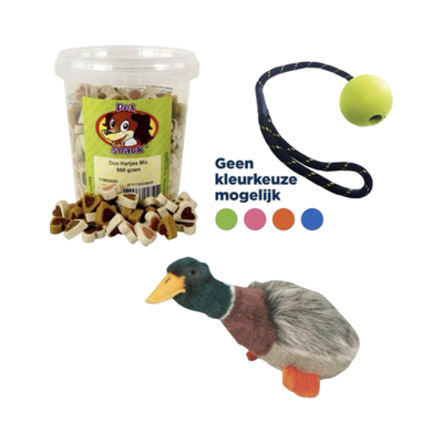 Combideal - Pluche Eend (38 CM) + Stevig Trekspeelgoed (37.5 CM) + Emmer Duo Hartjes (500 Gram)