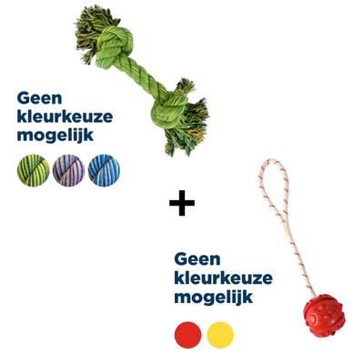 Combideal - Trixie Bal aan Touw - Natuur Rubber - Drijvend - Kleur Assorti - 4.5 x 35 cm + Flostouw Small