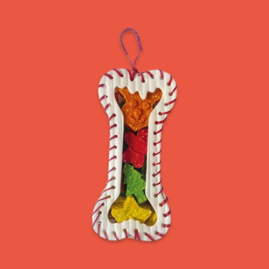 Hondensnack botvormige kersthanger gevuld met kleurrijke traktaties.